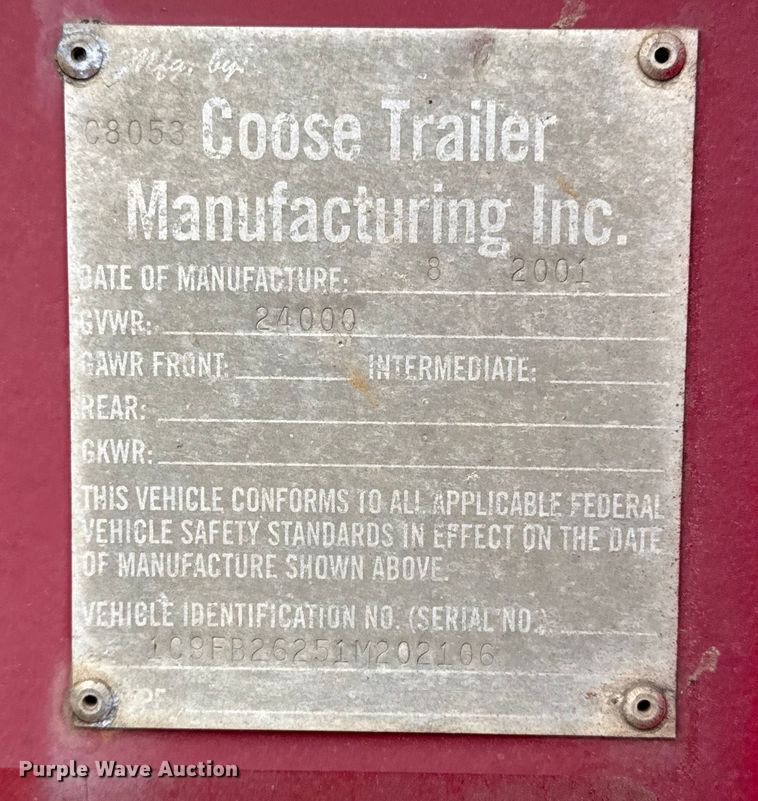 image for item DQ4280 2001 Coose Trailer Mfg. Inc equipment trailer