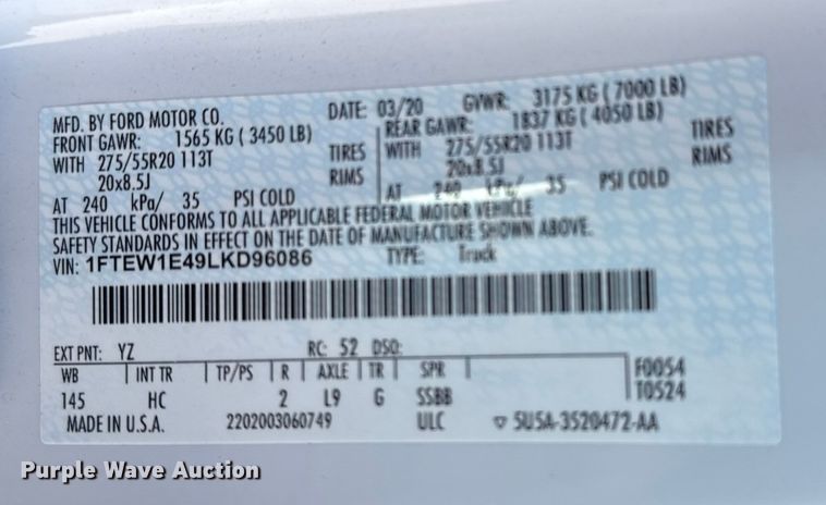 image for item DQ4326 2020 Ford F150 Crew Cab pickup truck