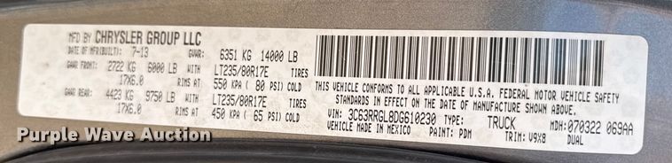 image for item DZ4991 2013 RAM 3500 Crew Cab flatbed pickup truck