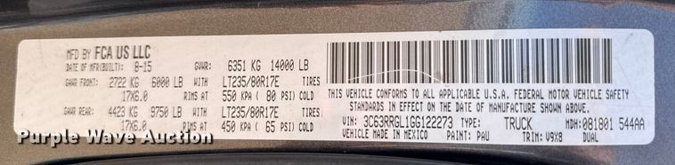 image for item DZ4992 2016 RAM 3500 Crew Cab flatbed pickup truck