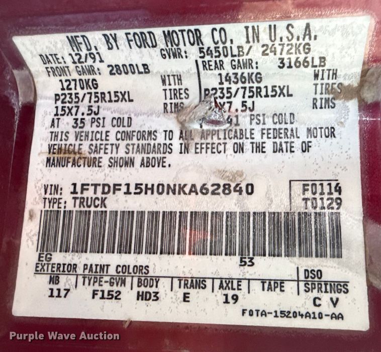 image for item DZ4998 1992 Ford F150 Flare Side pickup truck