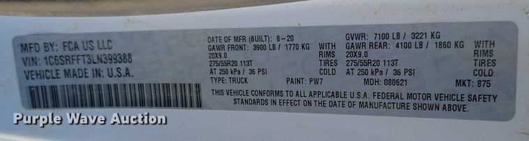 image for item EA2873 2020 RAM 1500 Crew Cab pickup truck