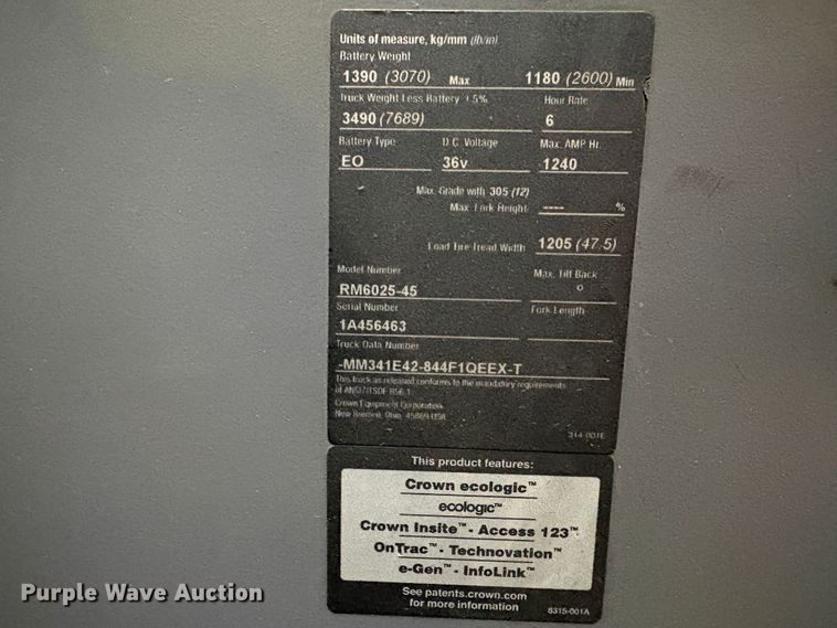 image for item EC8260 2016 Crown RM6025-45 reach truck