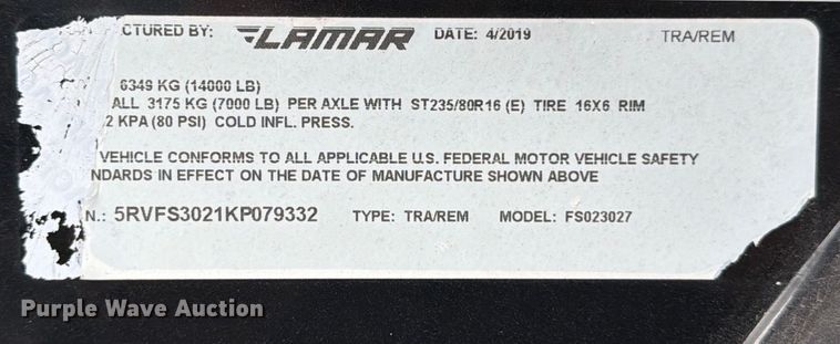 image for item ED5135 2019 Lamar FS023027 equipment trailer