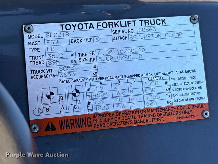 image for item EF1005 2015 Toyota 8FGU18 forklift