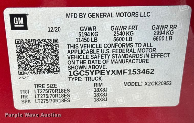 image for item EF2416 2021 Chevrolet 2500HD Ext. Cab pickup truck