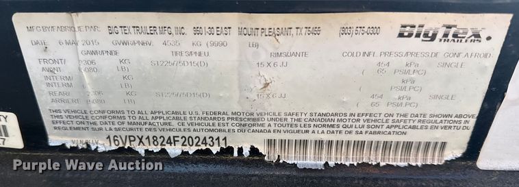 image for item EG2079 2015 Big Tex utility trailer