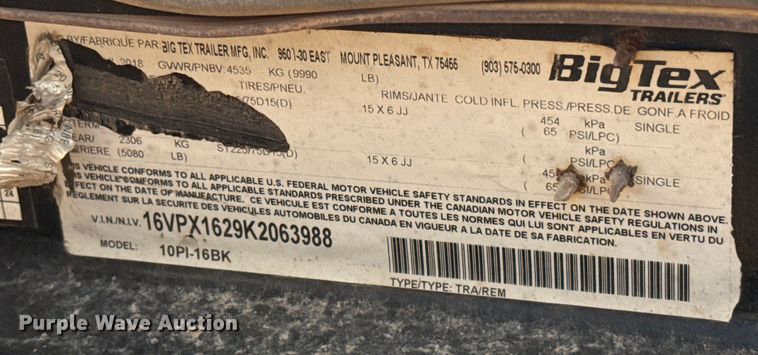 image for item ES5814 2019 Big Tex 10PI-16BK utility trailer