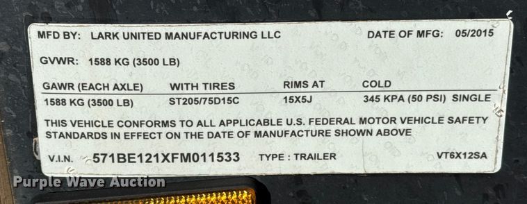 image for item ES5835 2015 Lark United Manufacturing LLC VT6X12SA enclosed cargo trailer