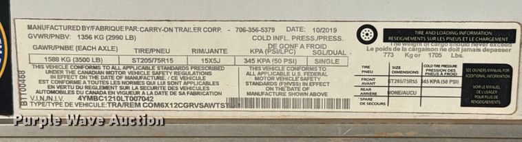 image for item ES5836 2020 Carry-On COM6X12CGRVSAWTSTD enclosed cargo trailer