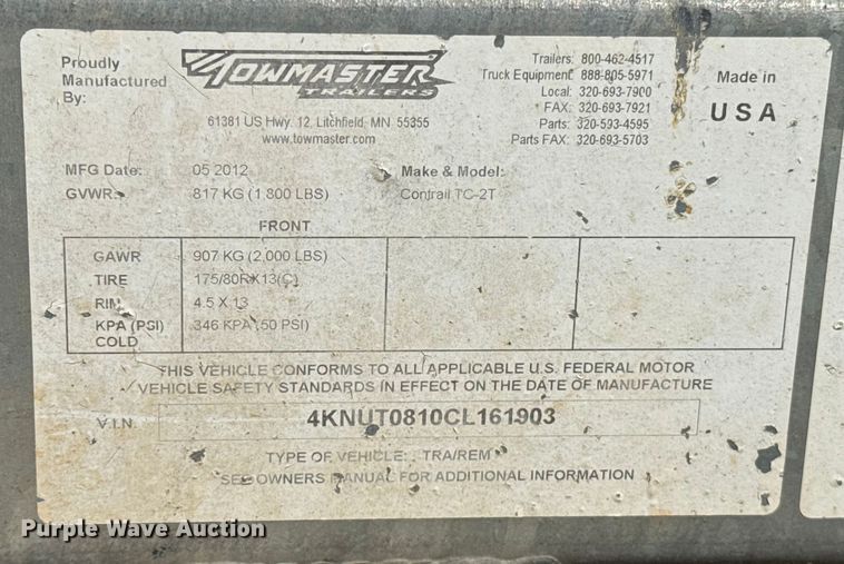 image for item ES5839 2012 Towmaster TC-2T tilt deck utility trailer