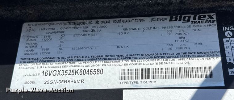 image for item ES5854 2019 Big Tex 25GN-35BK+5MR equipment trailer