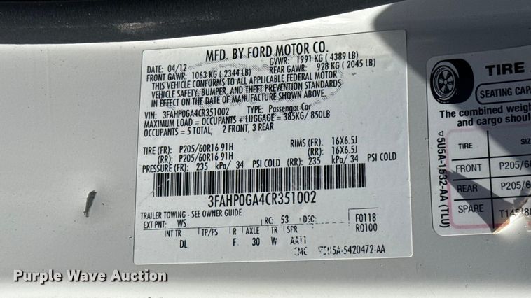 image for item ES5893 2012 Ford Fusion 