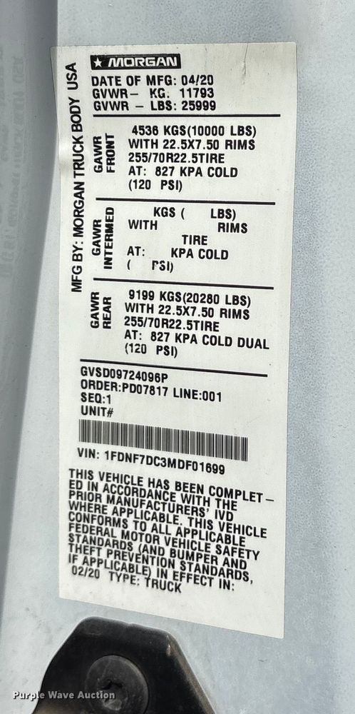 image for item ES8621 2021 Ford F750 box truck