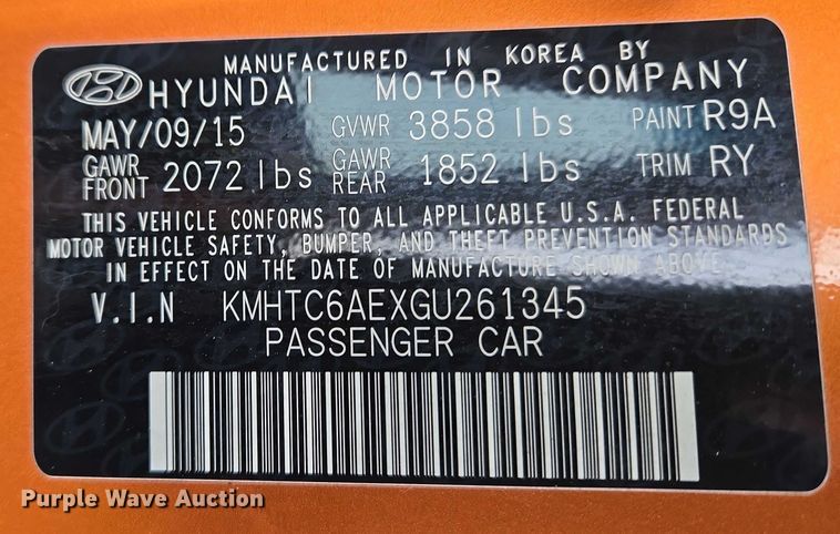 image for item ET1236 2016 Hyundai Veloster Turbo 