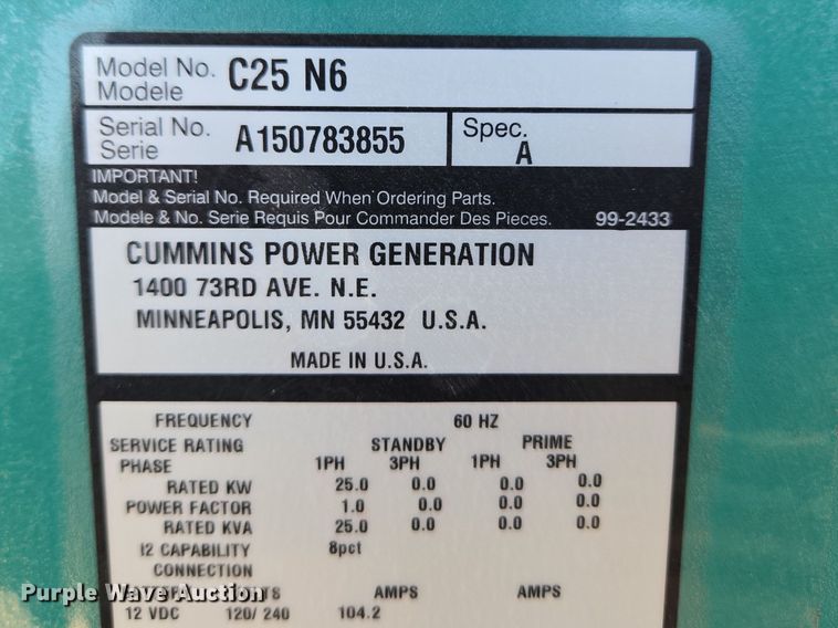 image for item ET1335 Cummins Power Generation C25 N6 generator