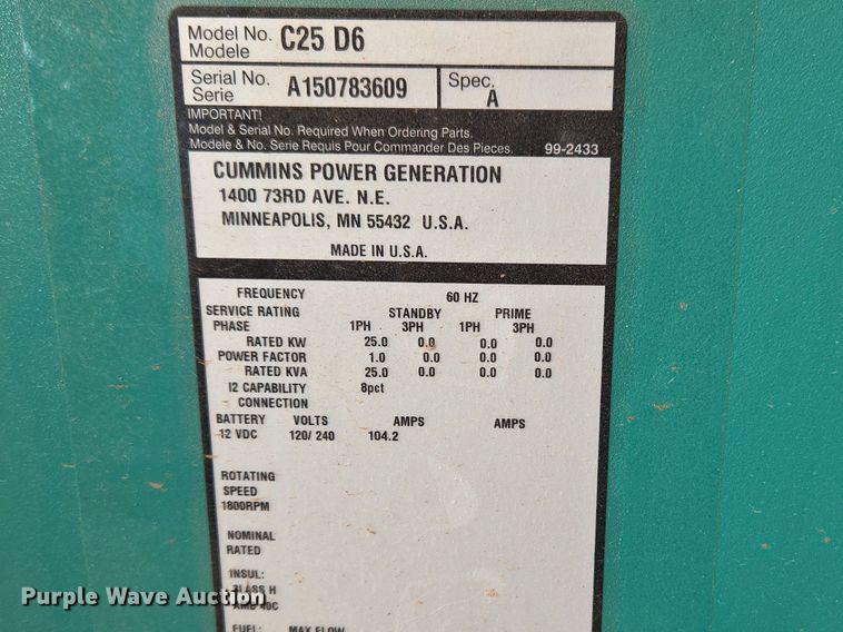image for item ET1336 Cummins Power Generation C25 D6 generator