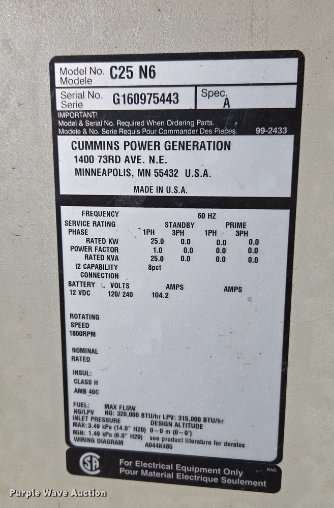 image for item ET1337 Cummins Power Generation C25 N6 generator