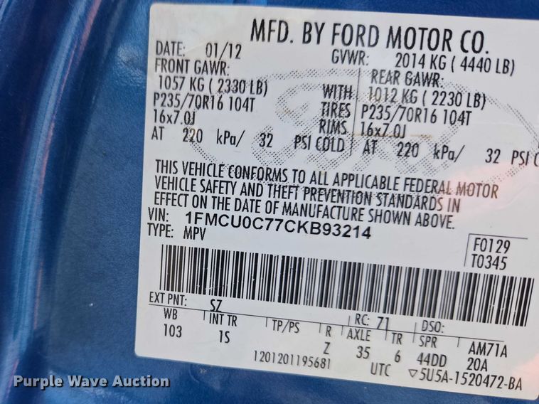 image for item ET1349 2012 Ford Escape SUV