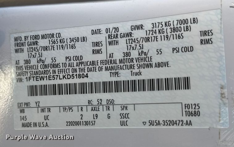 image for item ET1560 2020 Ford F150 Crew Cab pickup truck