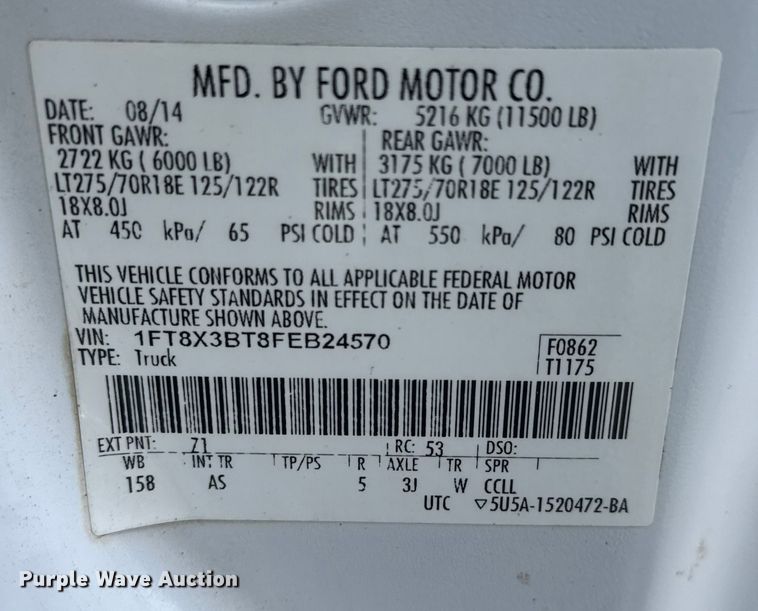 image for item ET1563 2015 Ford F350 Super Duty XL Ext. Cab pickup truck