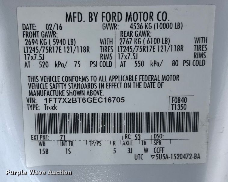 image for item ET1564 2016 Ford F250 Super Duty XL Ext. Cab pickup truck