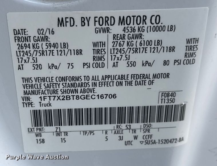 image for item ET1567 2016 Ford F250 Ext. Cab pickup truck