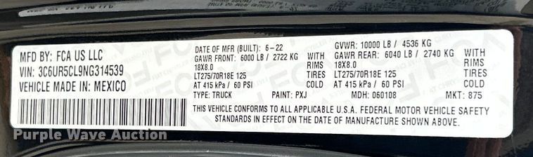 image for item ET6995 2022 RAM 2500 Crew Cab pickup truck