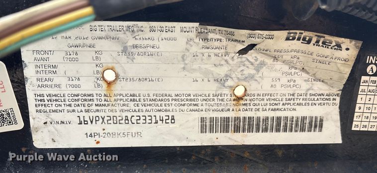 image for item ET7357 2012 Big Tex 14PI-20BK5FUR equipment trailer