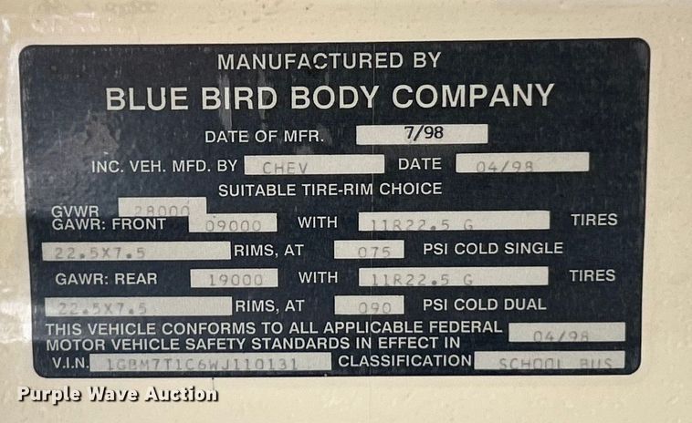 image for item FC5102 1998 Chevrolet B7 school bus