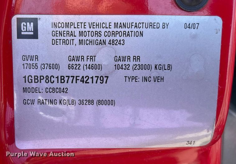 image for item FK1179 2007 Chevrolet C8500 pumper fire truck