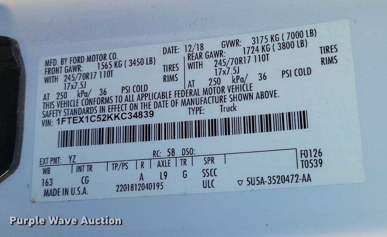 image for item NK9810 2019 Ford F150 Ext. Cab pickup truck