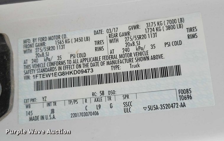 image for item NK9813 2017 Ford F150 Crew Cab pickup truck