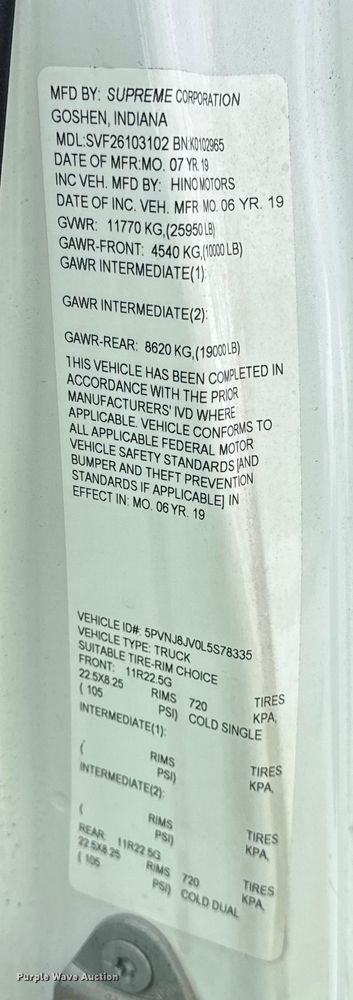 image for item YA1733 2020 Hino 268 box truck