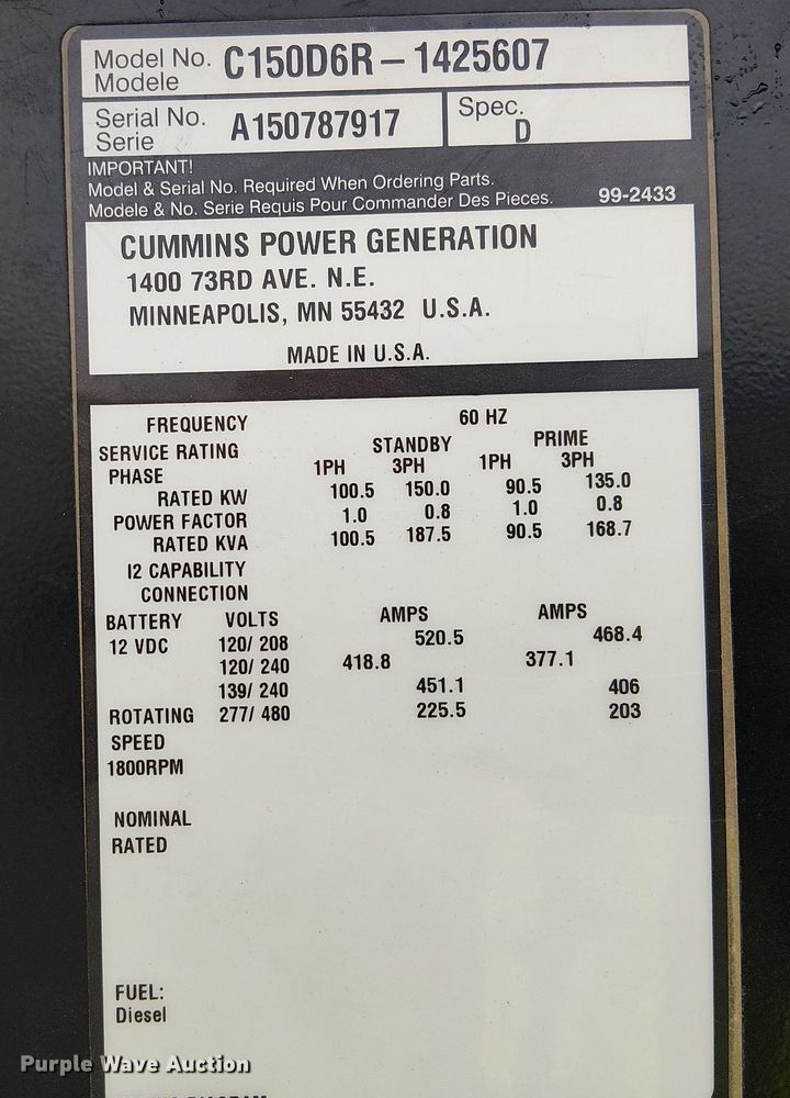 image for item YA1784 2015 Cummins C150D6R-1425607 generator