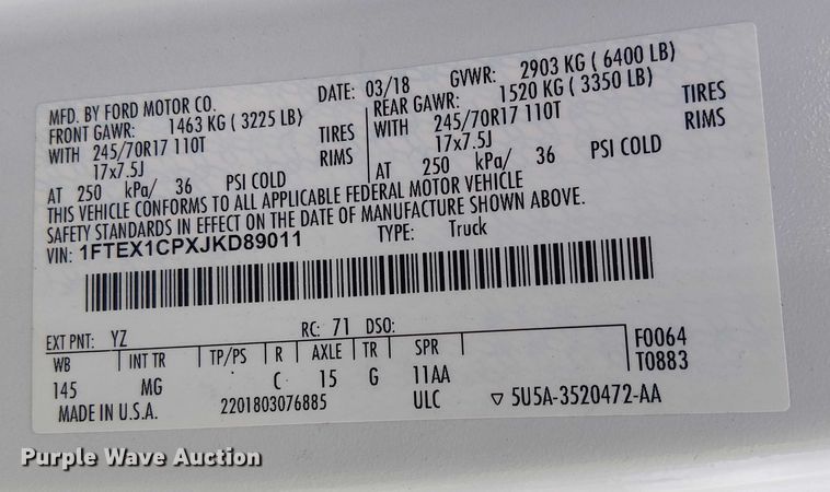 image for item YA2457 2018 Ford F150 Ext. Cab pickup truck