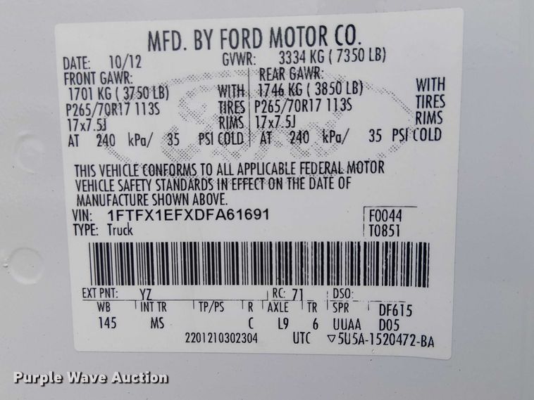 image for item YA2458 2013 Ford F150 Ext. Cab pickup truck