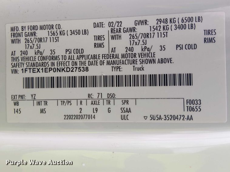 image for item YA2459 2022 Ford F150 Ext. Cab pickup truck