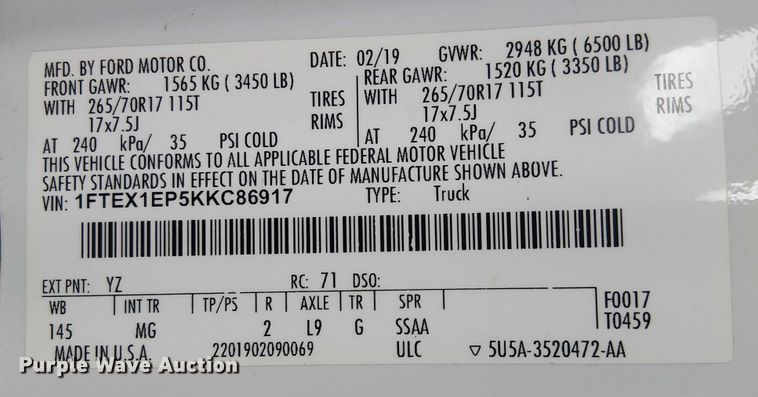 image for item YA2461 2019 Ford F150 Ext. Cab pickup truck