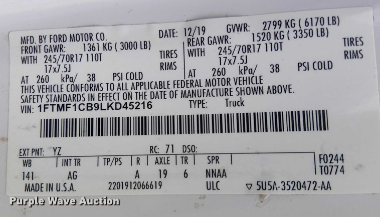 image for item YA2462 2020 Ford F150 pickup truck