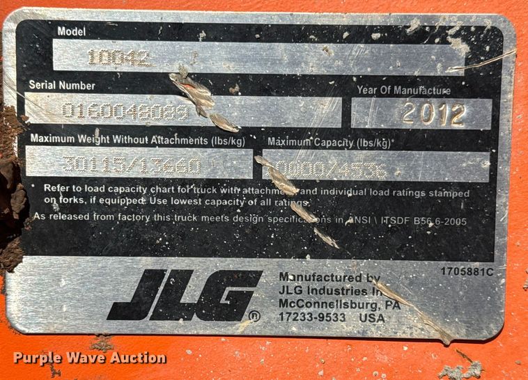 image for item DQ4259 2012 JLG Skytrak 10042 telehandler