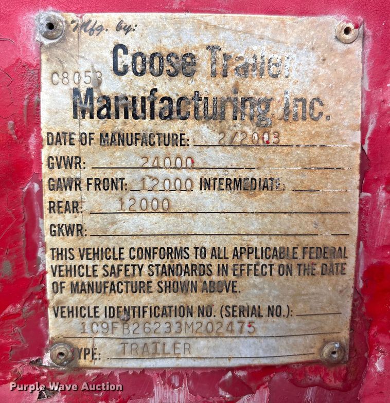 image for item DQ4270 2003 Coose Trailer Manufacturing C8053 equipment trailer