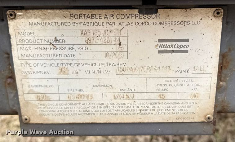 image for item DQ4360 2013 Atlas Copco XAS185 air compressor