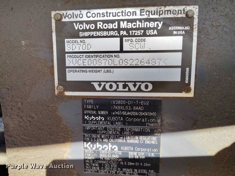 image for item DT0968 2012 Volvo SD70D single drum vibratory roller