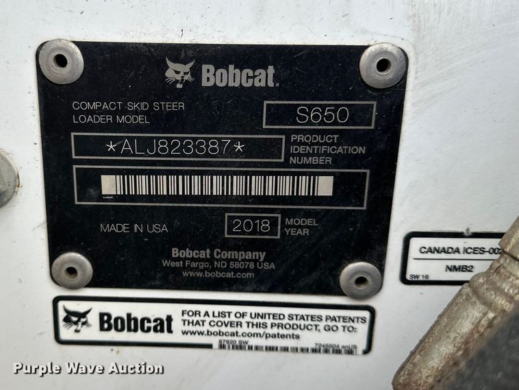 image for item DV0787 2018 Bobcat S650 skid steer loader