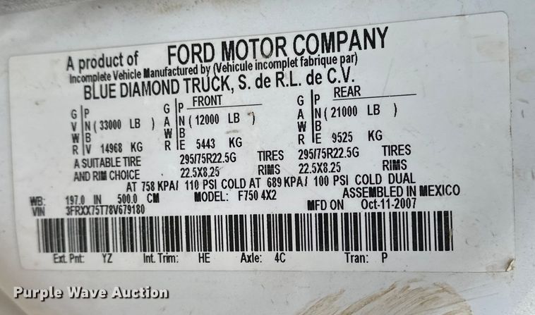 image for item DV0793 2008 Ford F750 dump truck