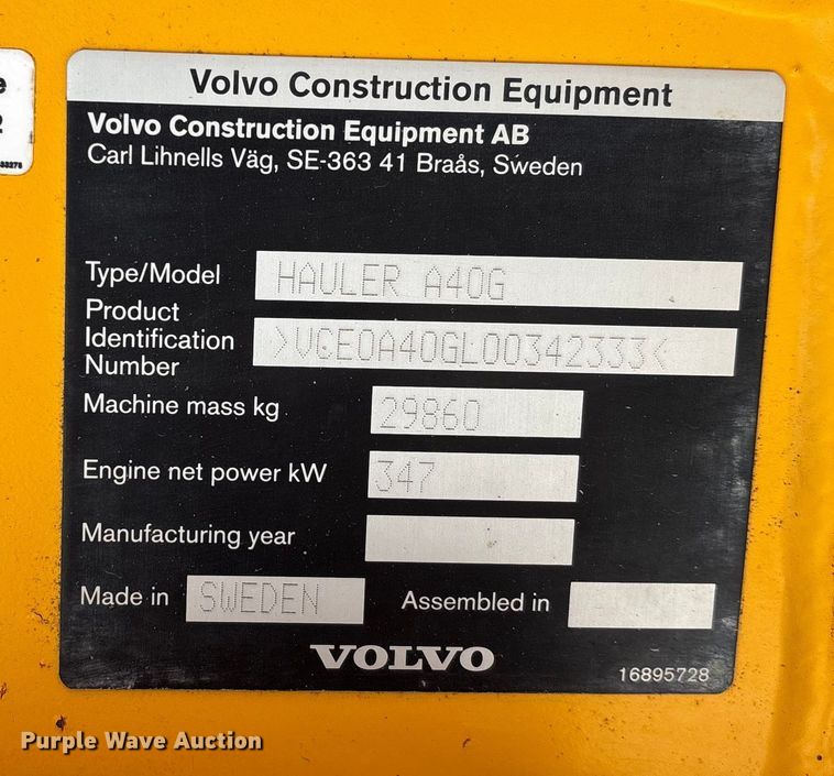 image for item DW7488 2018 Volvo A40G articulated haul truck