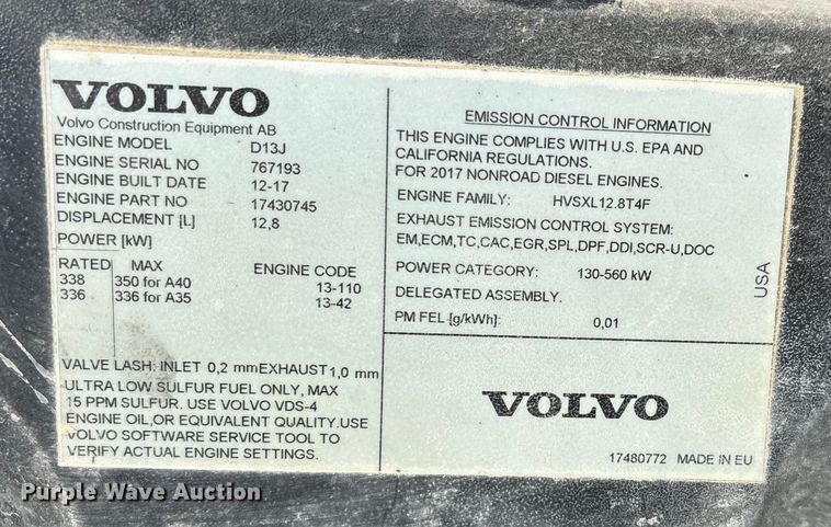 image for item DW7489 2018 Volvo A40G articulated haul truck