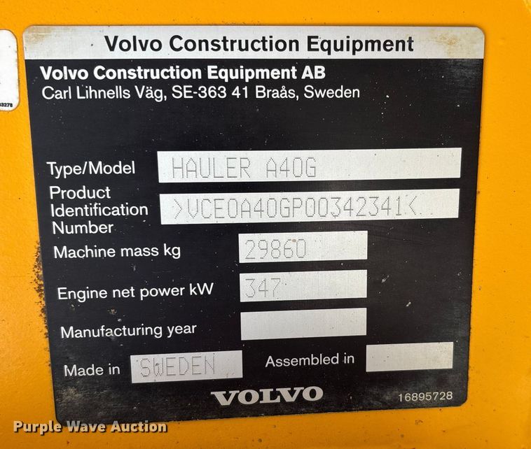 image for item DW7489 2018 Volvo A40G articulated haul truck