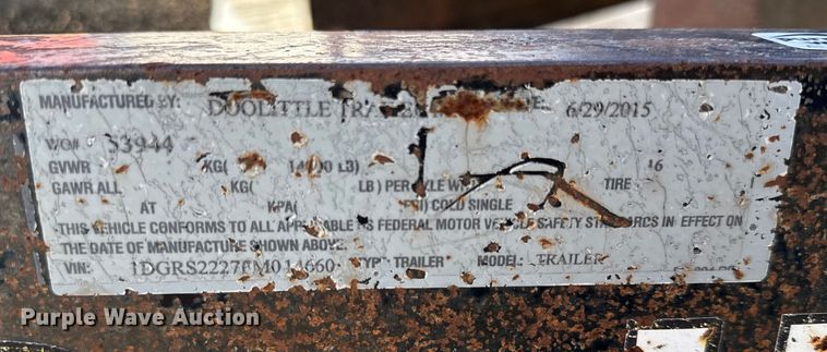 image for item DZ4298 2015 Doolittle XTHD8222 equipment trailer